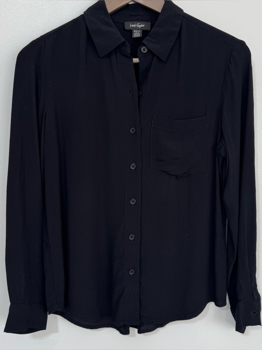 Lord & Taylor Long Sleeve Button Down Pocket Viscose Shirt Black Petite Small